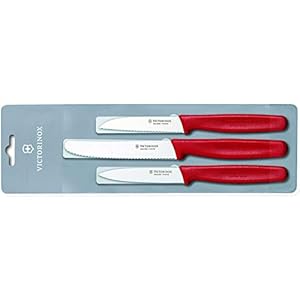 Victorinox keuken-/groentemessenset, 3-delig, met kunststof handvat, 2 x gekartelde punten, 1 x rechte slijping, rood