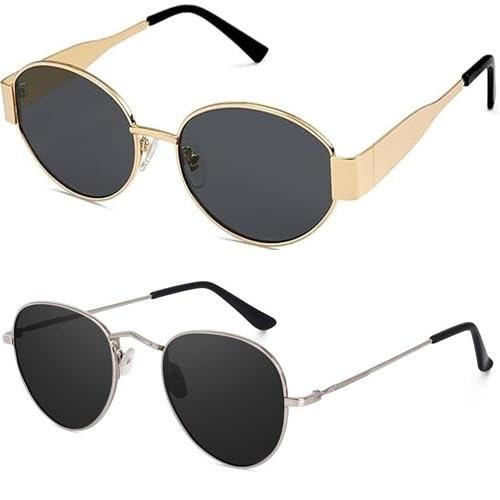 sheomy Unisex combo offer pack of 2 shades Unisex Fashion Sunglasses Set, 2 Pairs, Metal Frame, Black and Silver - Combo2-036-picture-27