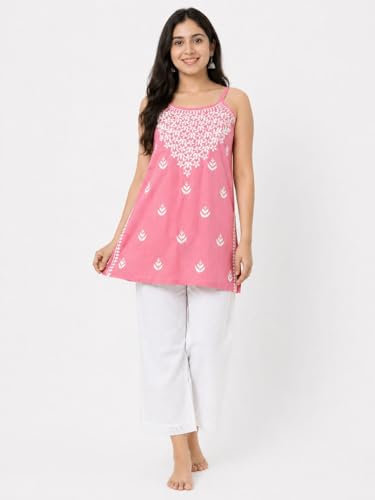 Image of Women's Chikankari Rayon Top Sleeveless Strappy Kurti | Embroidered A-Line Tunic for Women | Summer Ethnic Casual Wear Top with Spaghetti Straps
