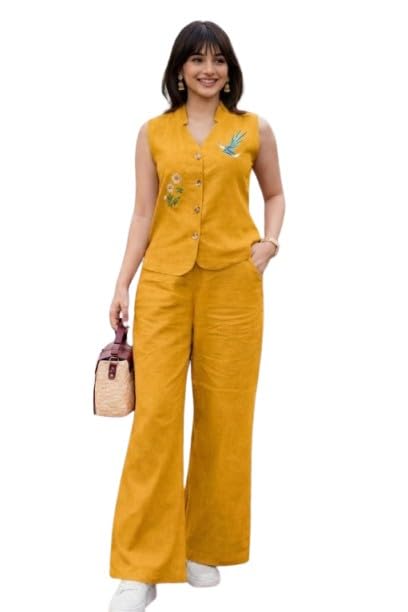 Image of Lyssa Yellow Ember Embroidered Co-Ord Set for Women, Sleeveless Vest with Wide-Leg Trousers