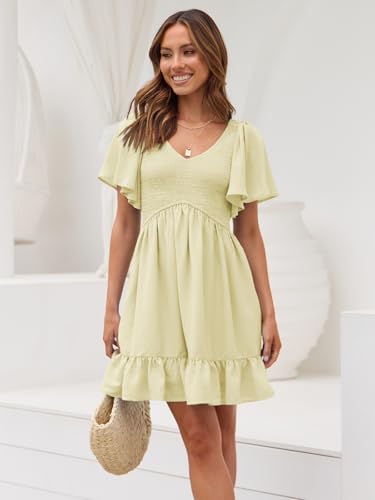 Image of LILLUSORY Women's Flowy Casual Mini Dresses 2026 Summer Graduation Smocked V Neck Vacation Dress Dress with Pockets