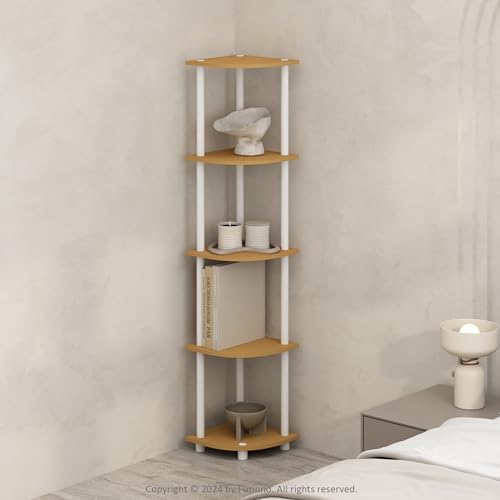 Image of Furinno Turn-N-Tube Storage Shelves, 5-Tier Book Shelf, Corner Shelf, Toolless Open Shelves, for Organization and Storage, Living Room, Home Office, Hallway, Bedroom, Beech