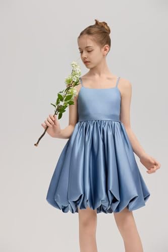 Spaghetti Straps Flower Girl Dress with Bow Satin Short Junior Bridesmaid Dress for Wedding Party Prom Gown for Kids2