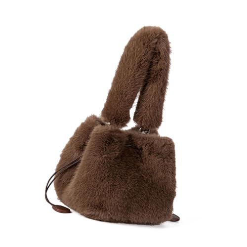 Greabuy Bolsos de hombro para mujer, bolso de cubo con correa de cadena, bolso cruzado con asa superior, bolso de hombro de felpa, bolsa de compras para mujer, café