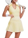 Two Piece Tennis Skirt Set for Women Racerback Color Block High Waisted Pleated Golf Outfits Beige