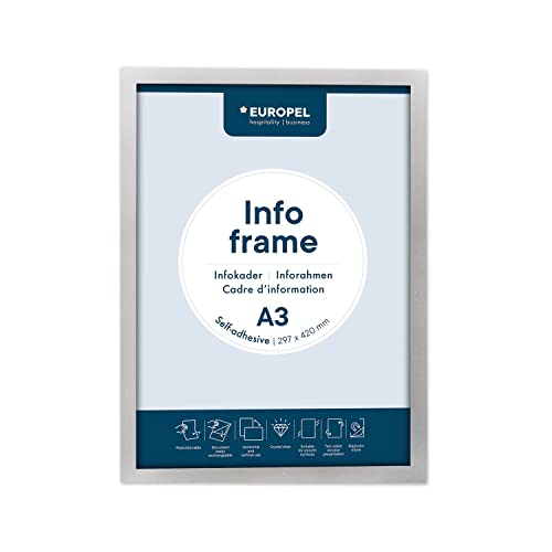 Europel 196000 Cadre d'affichage autocollant magnétique en PVC, A3 argent, set 2 pièces, adhésif repositionnable, visible recto-verso, portrait ou paysage, dimension hors-tout 450x327mm