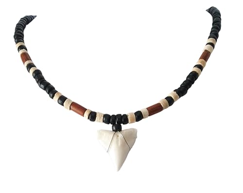 Generic Genuine Mako Shark Tooth Beads Surfer Necklace for Men Women a Handmade Boho Bohemian Jewelry GA390-N, Black & White