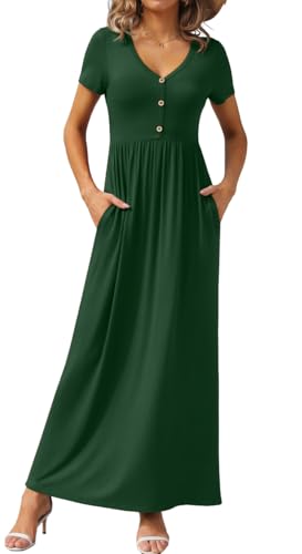 Image of GRECERELLE Womens Summer Long Maxi Dresses 2026 Short Sleeve V Neck Casual Button Dress with Pockets