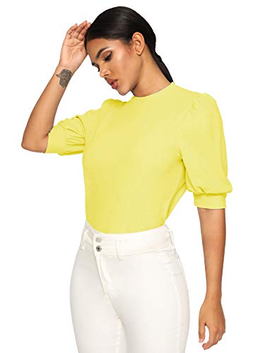 SheIn Women's Puff Sleeve Casual Solid Top Pullover Keyhole Back Blouse Yellow X-Large