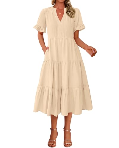 BTFBM Summer Dresses for Women 2025 Vacation V Neck Loose Short Sleeve A Line Tiered Flowy Casual Midi Beach Dress(Beige, Large)