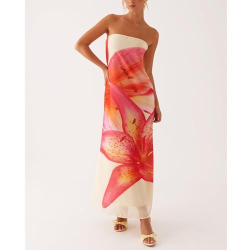 Image of Zwirelz Women Strapless Maxi Dress Boho Floral Print Flowy Long Tube Dress Off Shoulder Loose Beach Sundress