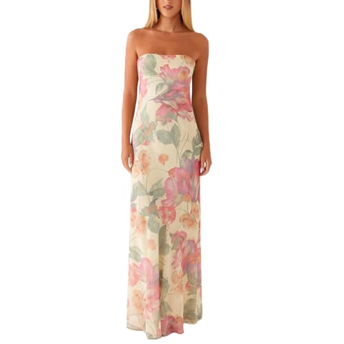 Image of Women Y2k Strapless Maxi Dress Summer Backless Floral Long Tube Dress Off Shoulder Cocktail Party Dress