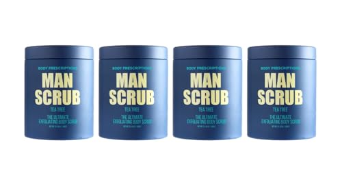 Body Prescriptions Men’s Exfoliating Body Scrub – Ultimate Skin Cleansing Wash in Jar with Twist-Top Lid, For All Skin Types, 21 Ounce (Pack of 4), Tea Tree