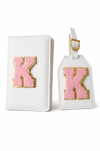 Image of Passport Cover & Bag Tag Combo | Personalized Initial Alphabet Custom A-Z Name Initial | Fits Standard Passports | Travel GiftIdeal Travel Gift for Women, Girls & Couples (White)