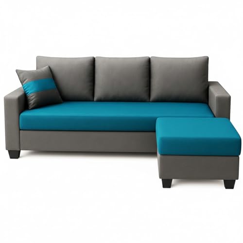 Image of Furny Aurland 3 Seater Fabric Sofa Set with 2 Ottomans (Aqua Blue-Dark Grey) | Soft Velvet Fabric | Modern Design | Comfortable Seating | Living Room Furniture