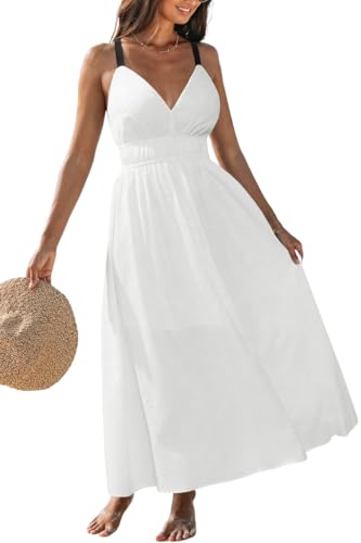 Image of CUPSHE Women 2026 Summer Beach Maxi Dress Plunge V Backless Cami Strape Smocked Waist Sun Dress Long Wedding Guest Dress