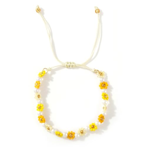 Disney Colorful Disney Flower Pearl Glass Beaded Bracelets for Women,Adjustable Handmade Lucky Rope Boho Floral Summer Beach surfer Cute Friendship Birthday Gifts