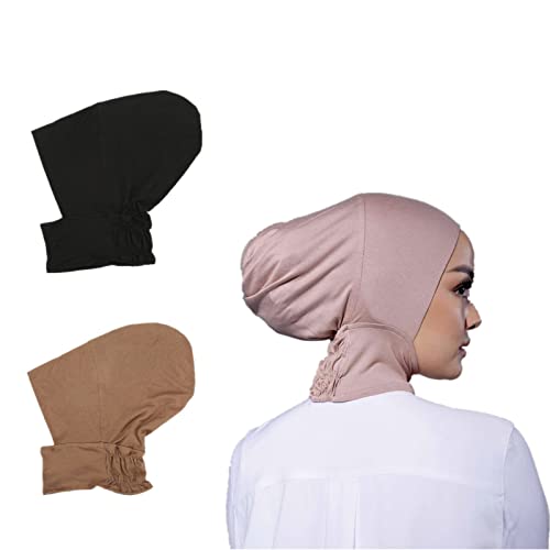 2 Pieces Muslim Jersey Muslim Inner Cap Stretch Turban Hijab Islamic Underscarf Bonnet Head Wear Neck Cover (Black+Coffee)