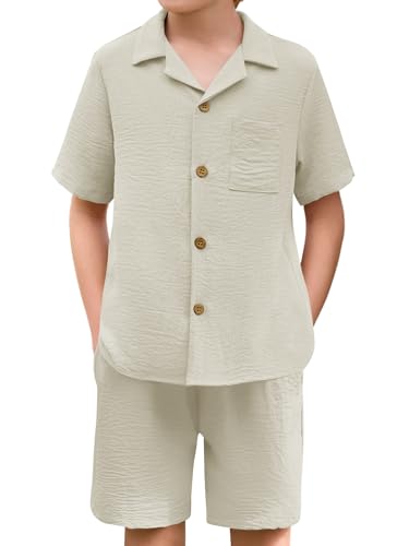 Haloumoning Boys 2 Pieces Summer Outfits Beach Short Sleeve Button Down Shirts and Shorts Vacation Texture Sets for Kids