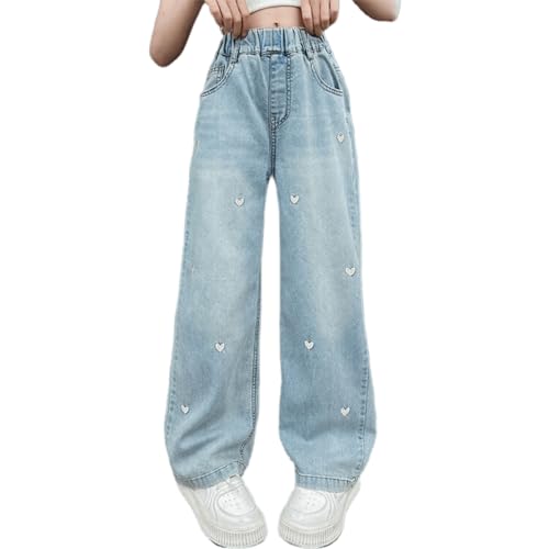 パンツ Eyelet Baggy Denim Pants Girls Baggy Wide Leg Jeans Ripped High Elastic Waisted Denim