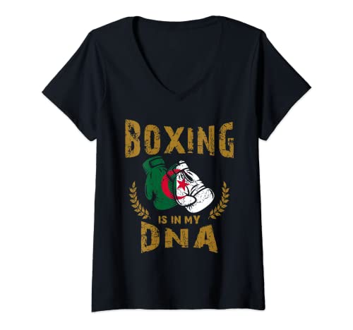 Mujer Boxing is in my DNA Algeria Bandera Guantes de boxeo Camiseta Cuello V