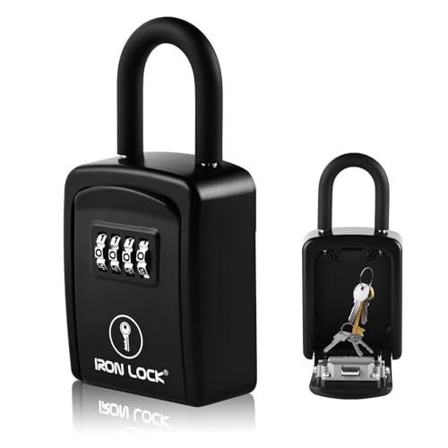 Iron Lock® Key Lock Box Portable with U-Shackle – Small Waterproof Heavy-Duty Metal Safe with 4-Digit Combination for Spare Keys Outside on Door Knob, Fence, or Gate (Black, Small)