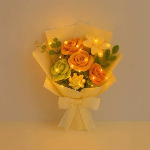 Crochet Flower Bouquet, Handmade Knitted Yellow Roses and Lilies, Artificial Yarn Flowers with Wrap for Birthday, Graduation, Friendship Gift, Get Well Soon, Home Table Decor image 6