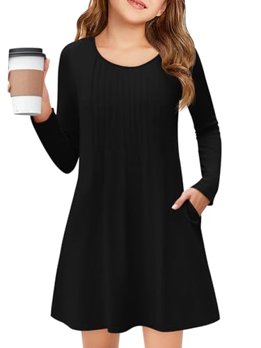 Haloumoning Girls Long Sleeve Pleated Dress Kids Casual Crewneck Loose Fall Dresses with Pockets 5-14 Years