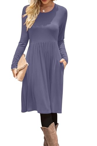 Image of DB MOON Women Casual Long Sleeve Dresses Empire Waist Knee Length Loose Dress with Pockets