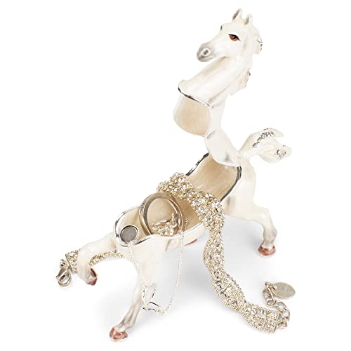 Cottage Garden Hand Painted Metal Enamel Hinged Trinket Box Ornamental Mini Jewelry Ring Earring Organizer Vintage Collectible Figurine Keepsake Box With Bejeweled Crystals, White Arabian Horse #TOP3