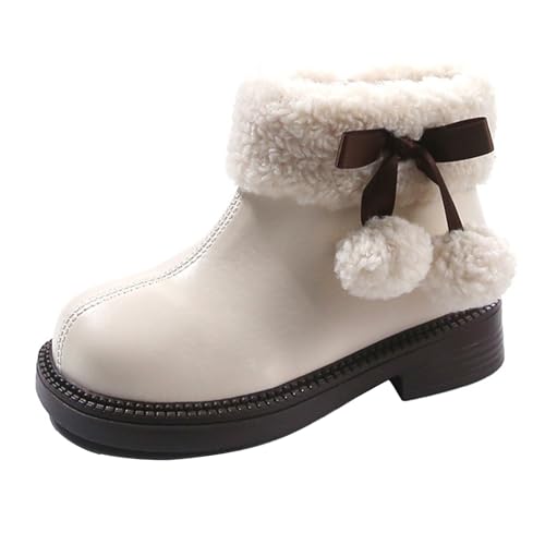 Kids Girls Low Heel Fleece Thick Ankle Booties with Pom-Pom 𝐁alls Soft Plush 𝗟ining F𝘂r Winter Warm Cute Shoes