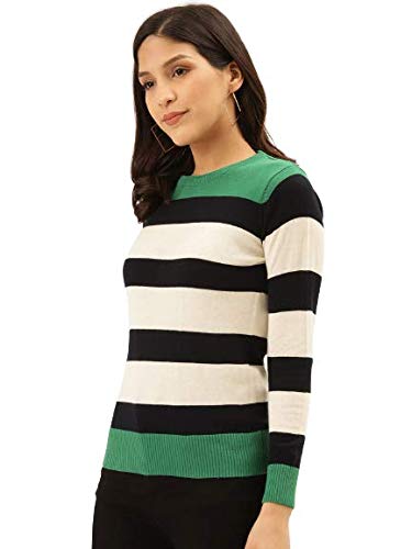 Image of Style Quotient Women's Green Striped Regular Sweaters