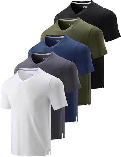 Liberty Pro Herren-T-Shirts mit V-Ausschnitt, Dry-Fit, sportlich, kurzärmelig, Workout-Tops, Performance-Fitness-T-Shirts, 5er-Pack, Schwarz/Weiß/Schwarz/Stahlblau/Dunkelgrau, L