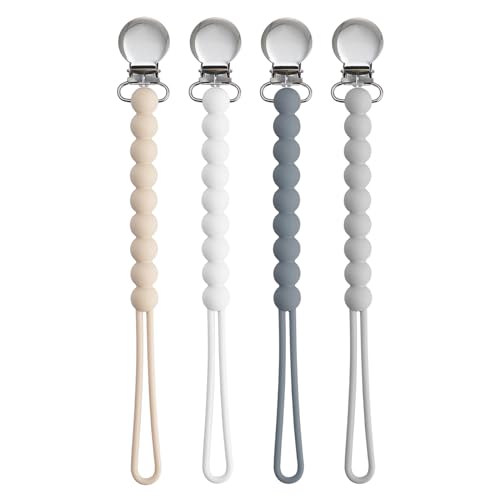 Image of Pacifier Clip for Boys Girls - MORIBOX 4 Pack Paci Clip Soothie Baby Binky Holder for Shower Gift Birthday (Beige+White+Dgrey+Lgrey)