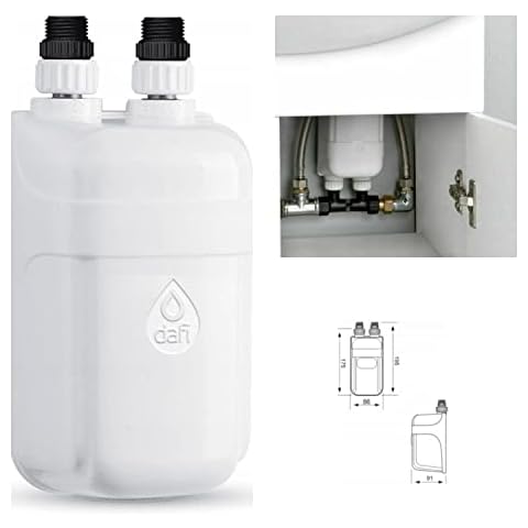 Instant Water Heater for in-Line Sinks, Wash Basins, and Showers, Tankless Electric Heating Element, Energy Efficient Supply System, Compact Space Saver, Wall Mounted Cover