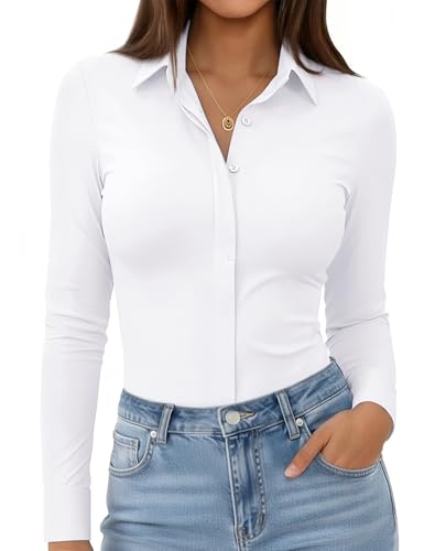 siliteelon Button Down Shirts for Women Stretch Long Sleeve Wrinkle Free Collared Fitted Business Casual Tops Work Blouse