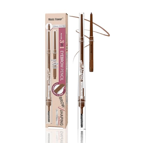 Music Flower Eyebrow Pencil - 3 in 1 Eyebrow Pen, Ultra fine Brow Pen w/Eyebrow Brush & Trimmer, Long lasting Eye Makeup Gifts for Women, Light Brown