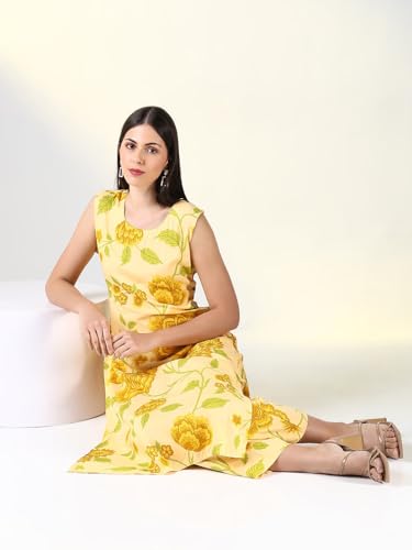 Image of SHOWOFFFF Women Printed Two-Piece Straight Ethnic Kurta Set | Round Neck Sleeveless Cotton Kurta Set for Womens | Mid-Rise Regular Fit Calf Length Kurta Set for Women's