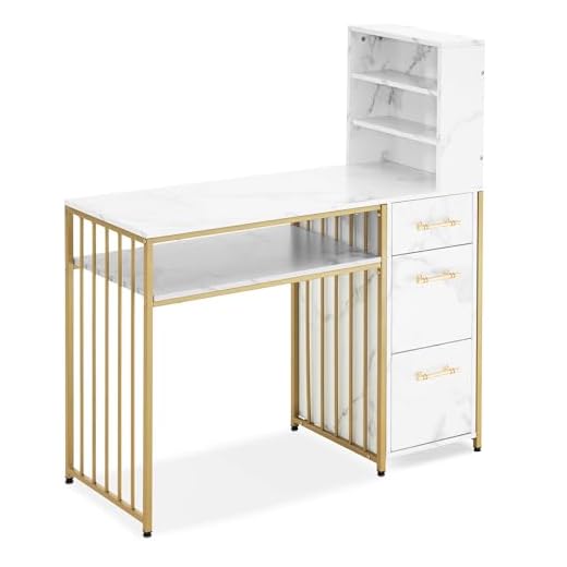 M MCombo Scrivania con 3 cassetti 2420, tavolo per unghie in legno, struttura in metallo, tavolo per manicure marmo bianco oro, toeletta senza specchio, moderno