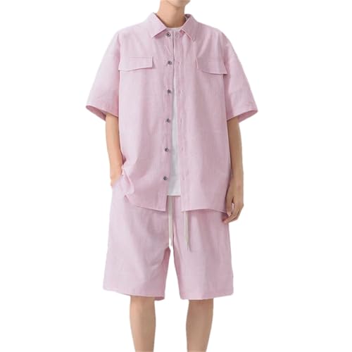 Men Shirt Suit Cardigan Short Sleeve Shorts Set Casual Plaid Streetwear Loose Pocket