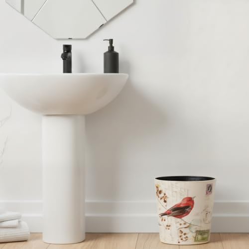 Image of PU Leather Small Trash Can Wastebasket, Round Garbage Container Basket for Bathrooms, Laundry Room, Kitchens, Offices, Kids Rooms, Bedrooms,Dorms,Home Decorative Art Bin, 2.9 Gallon(Bird Design)