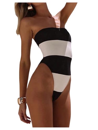 WDIRARA Women's One Piece Color Block Strapless Swimsuit High Cut Bandeau Bathing Suit