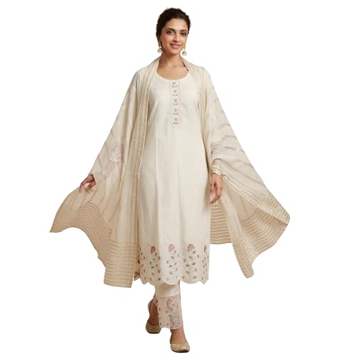 Image of Women Pure Chanderi Kurta Pant Dupatta Set | White Embroidered Ethnic Suit Set for Women | Floral Embroidery Kurta with Mul Cotton Dupatta