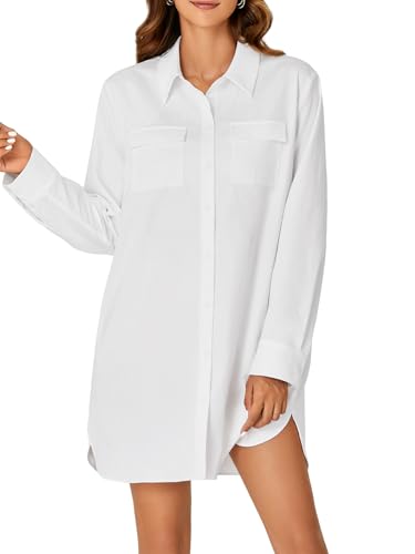 LYANER Women's Button Down Shirt Dresses Collared V Neck Long Sleeve Slit Mini Dress