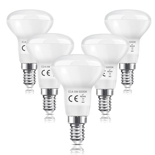 Caldarax Bombillas Reflectora LED E14 5W Luz Fría 6000K, R50 Equivalente a 40W, 475LM, Ángulo de Haz 120°, No Regulable, Paquete de 5
