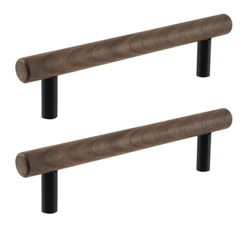 MY MIRONEY 2PCS Wooden Drawer Pulls with Metal Base Walnut Cabinet Handles Pulls Black Wood Dresser Handles Funiture Hardware with Screws, 5.04" Hole Centers