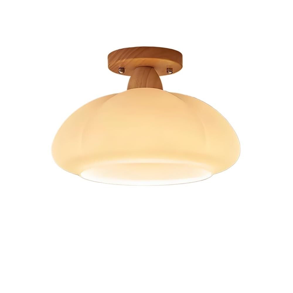 LUOYAOB Farmhouse Style Ceiling Lights Glass Shade Semi Flush Mount Ceiling Lamps Solid Wood Base Ceiling Light Fixture for Bedroom Living Room Entryway Hallway Cloakroom