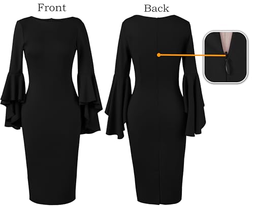 VFSHOW Womens Ruffle Bell Sleeves Business Cocktail Party Bodycon Pencil Sheath Dress4