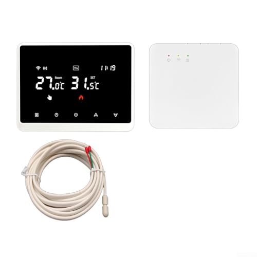 Termostato inteligente inalámbrico programable con compatibilidad de aplicación y activación por voz para hogares modernos (blanco + sensor)