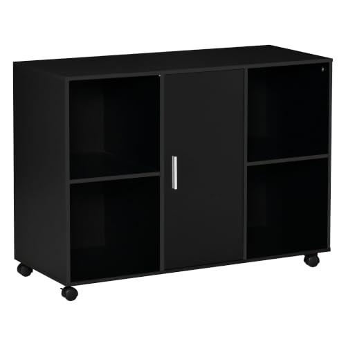 Vinsetto Druckertisch mit Rollen Druckerständer Aktenschrank Bürowagen Rollwagen mit 4 Fächern 1 Tür Schwarz 100 x 40 x 71 cm